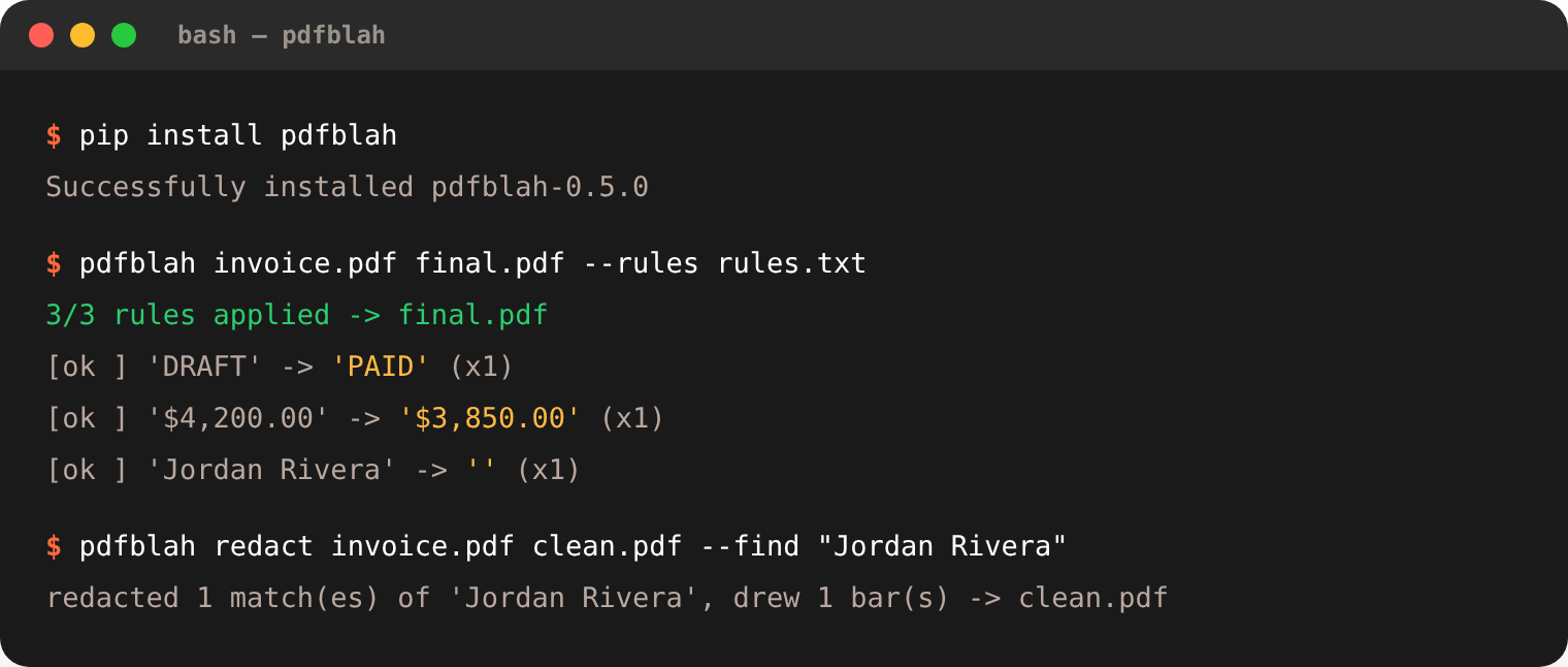 A terminal running pdfblah on a rules file