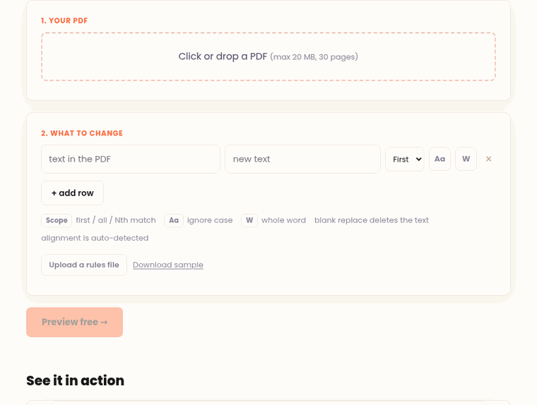Finding and replacing text in a PDF invoice, changing DRAFT to PAID and an amount, with a free preview