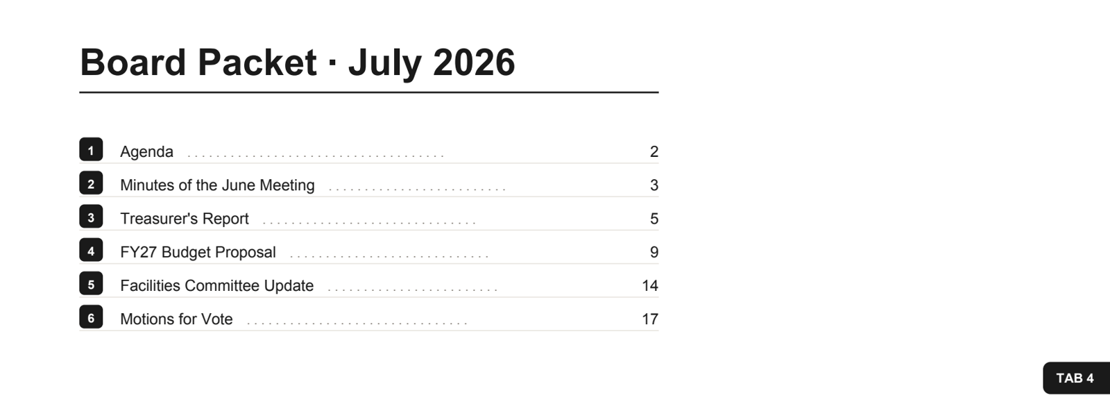 A generated Contents page with numbered badges, dot leaders, and page numbers, next to a numbered edge tab on a section page
