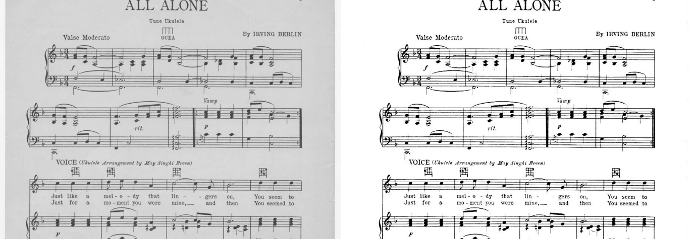 A 1924 sheet music scan before and after cleaning: gray paper on the left, pure white paper with crisp notation on the right