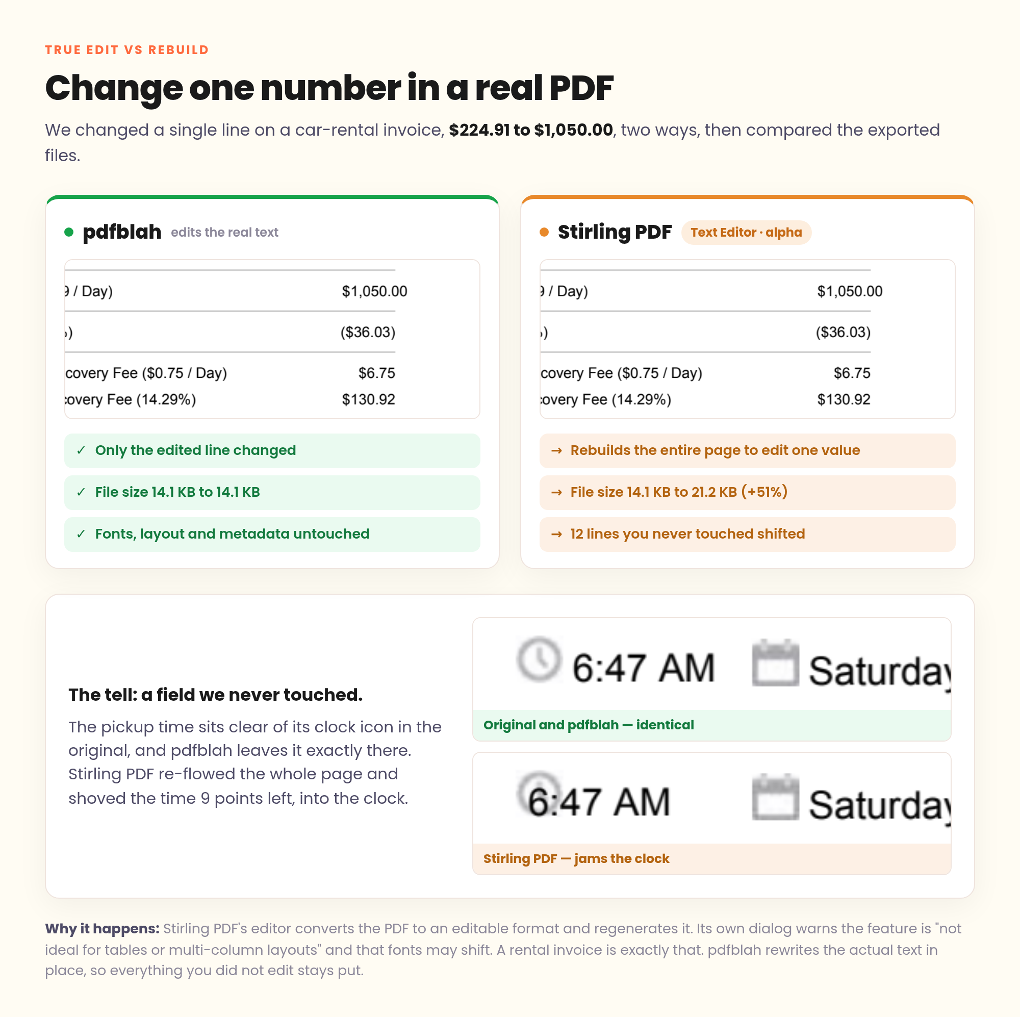 Side by side: pdfblah changes only the edited line, Stirling PDF rebuilds the whole page and a pickup time we never touched shifts into its clock icon.