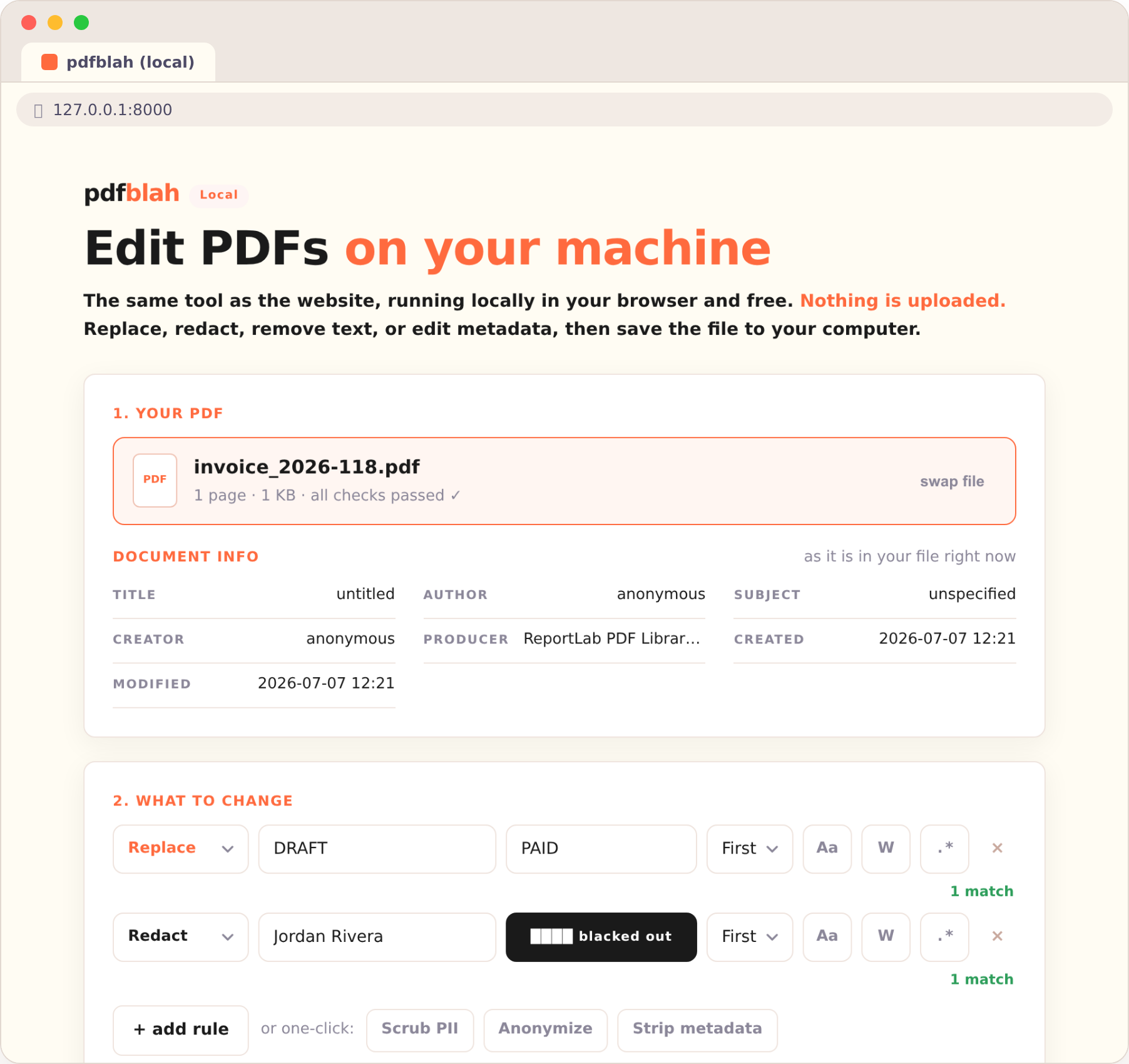 The pdfblah local app running in a browser, with an invoice loaded and two edit rules